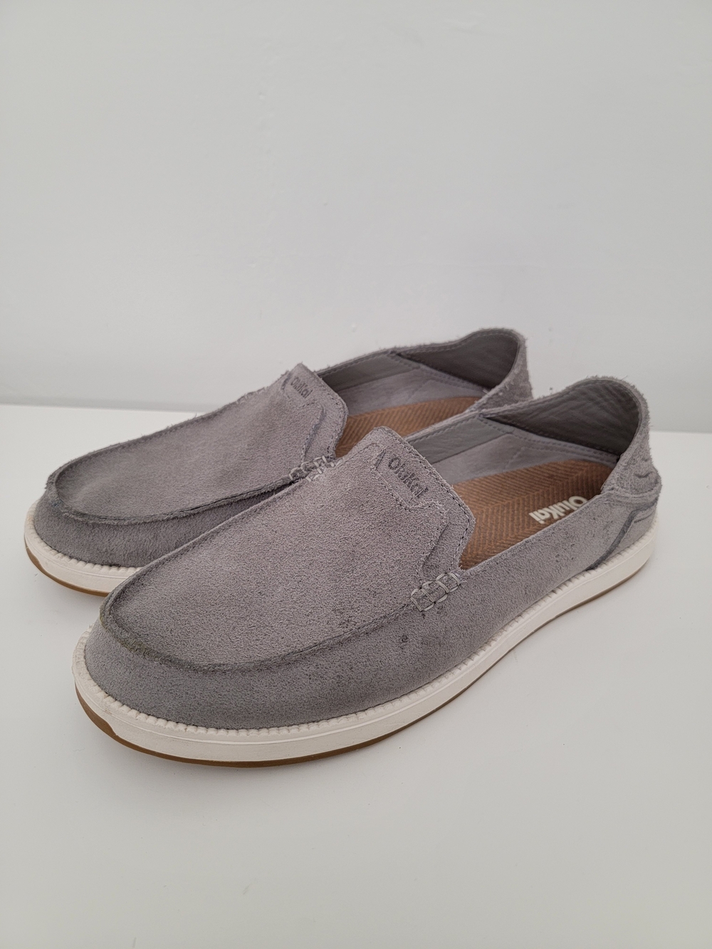 OluKai Kakaha Nia Mens Grey Suede Leather Slip On Loafers Shoes 10557-AUAU Sz 12